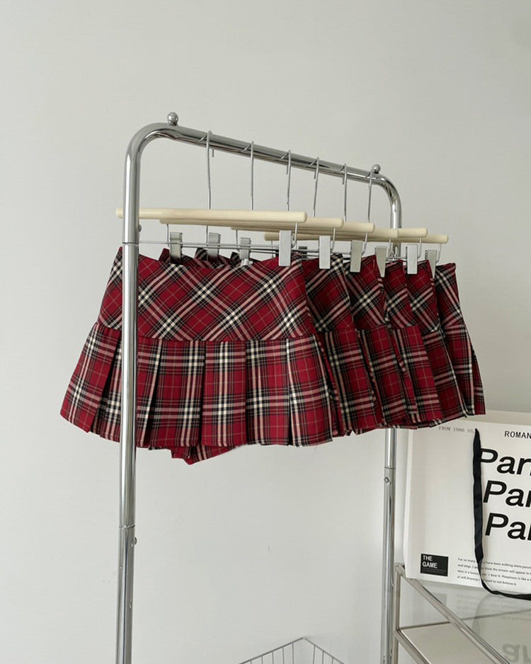Red Plaid Grunge Pleated Skirt