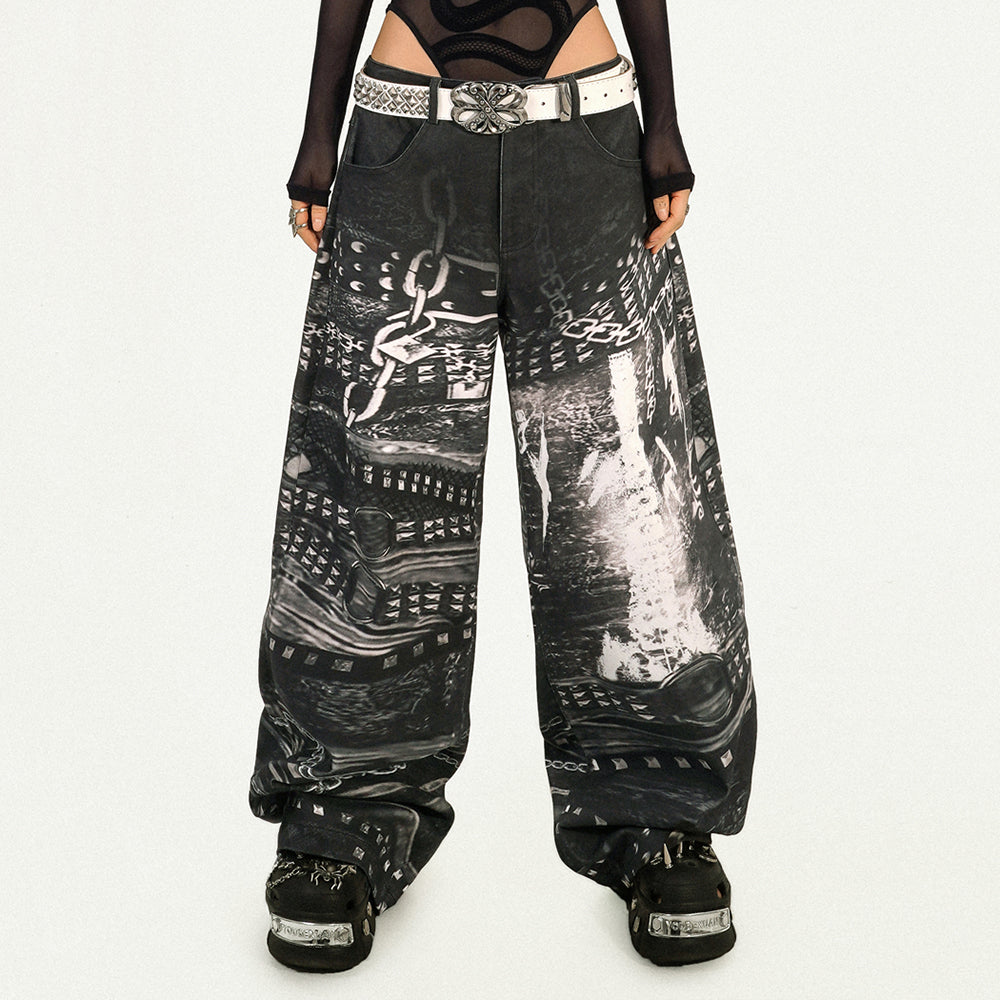 grunge chain print wide pants bogzel clothing