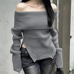grey off shoulder knit sweater boogzel clothing