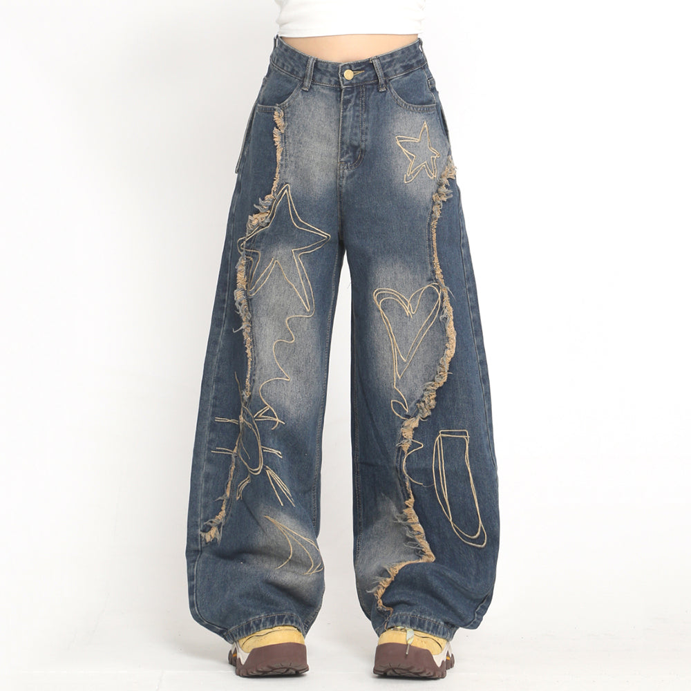 heart and star fringe wide jeans boogzel clothing