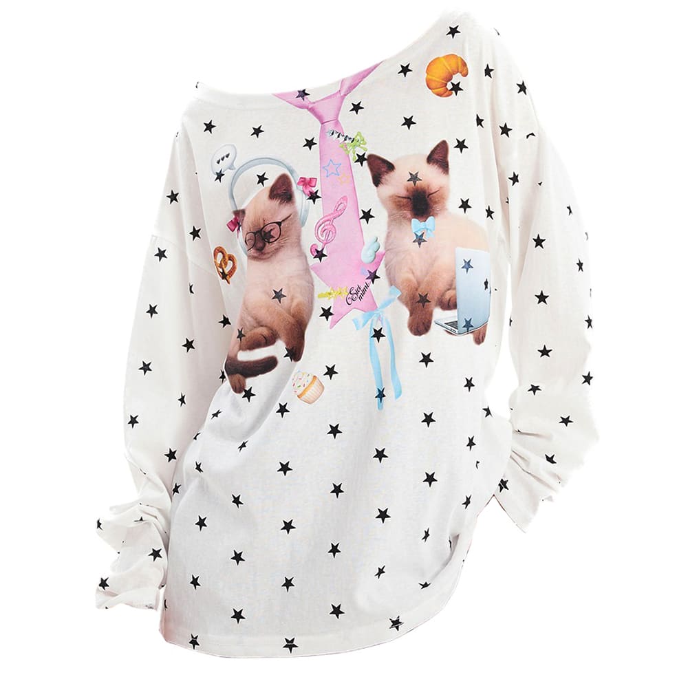 kitten print star long sleeve top boogzel clothing