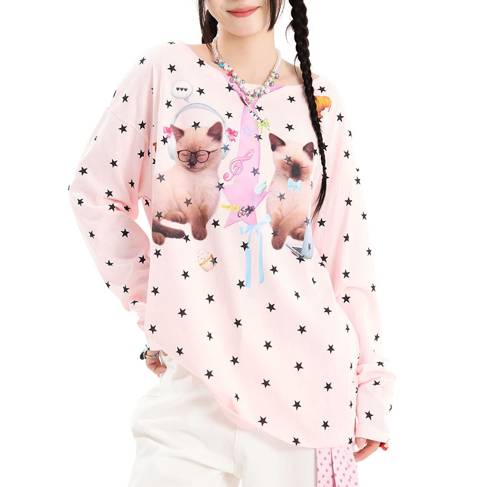 kitten print star long sleeve top boogzel clothing