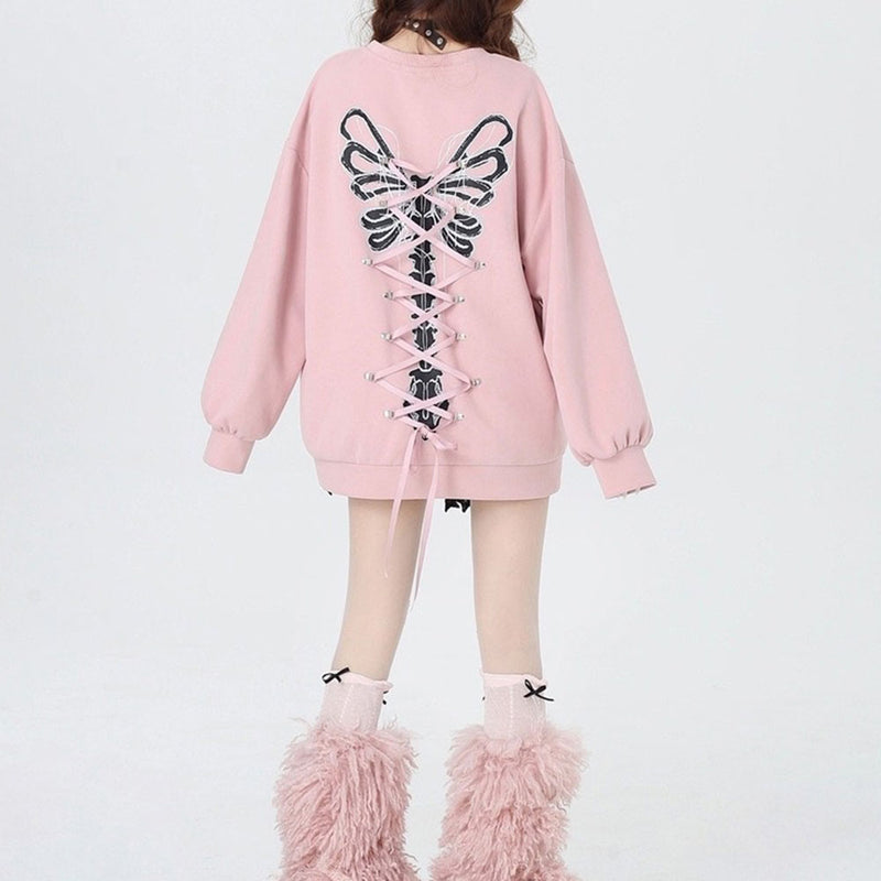 Grunge Lace-Up Butterfly Skeleton Sweatshirt