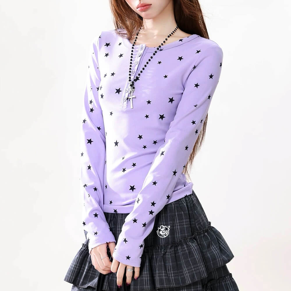 lavender star print henley top boogzel clothing