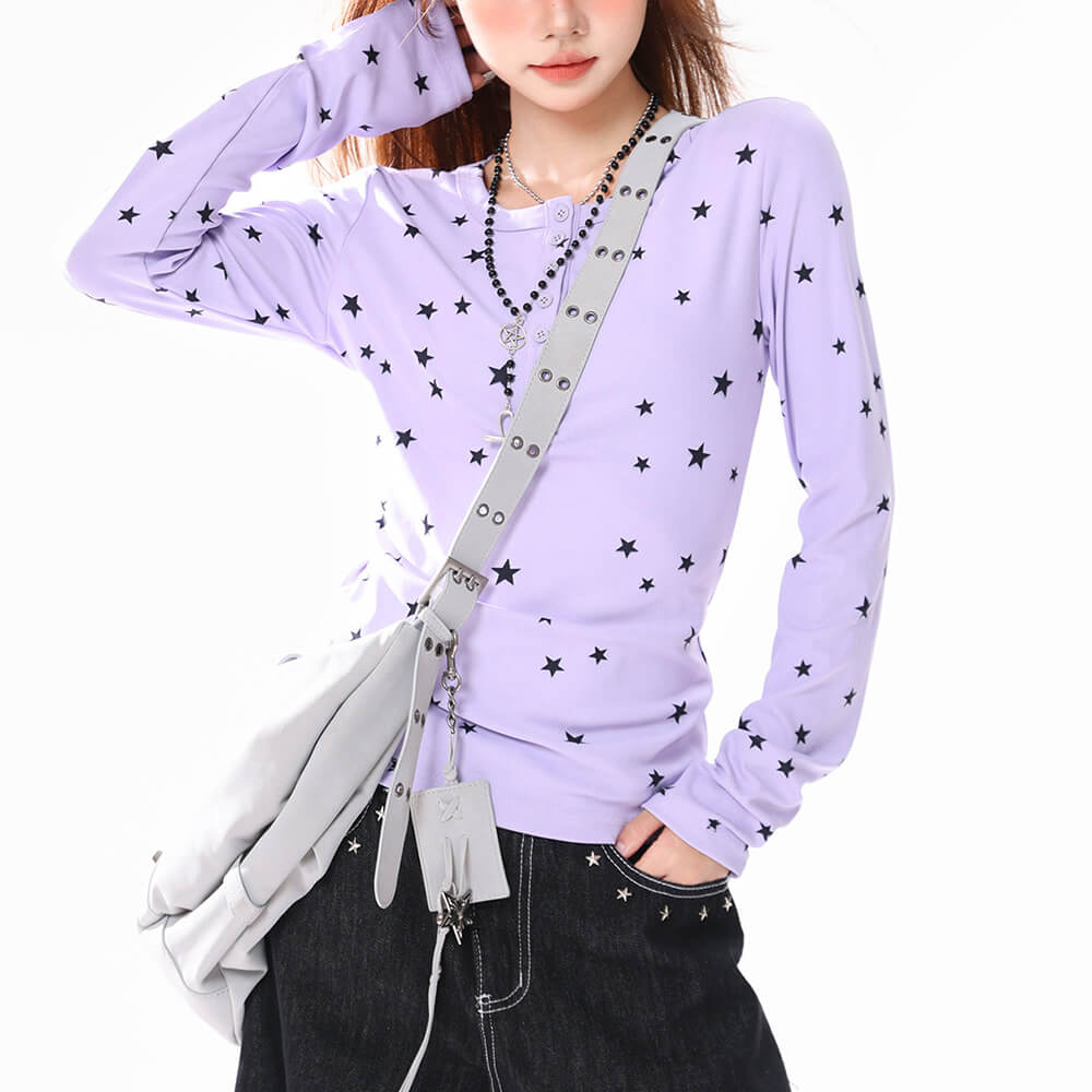 lavender star print henley top boogzel clothing