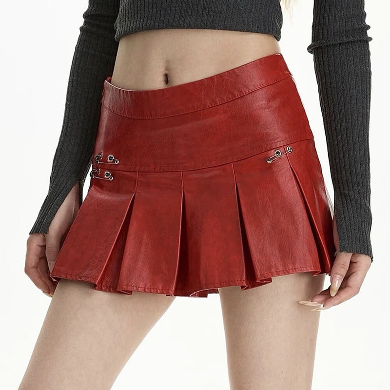 red leather mini skirt with safety pins boogzel clothing