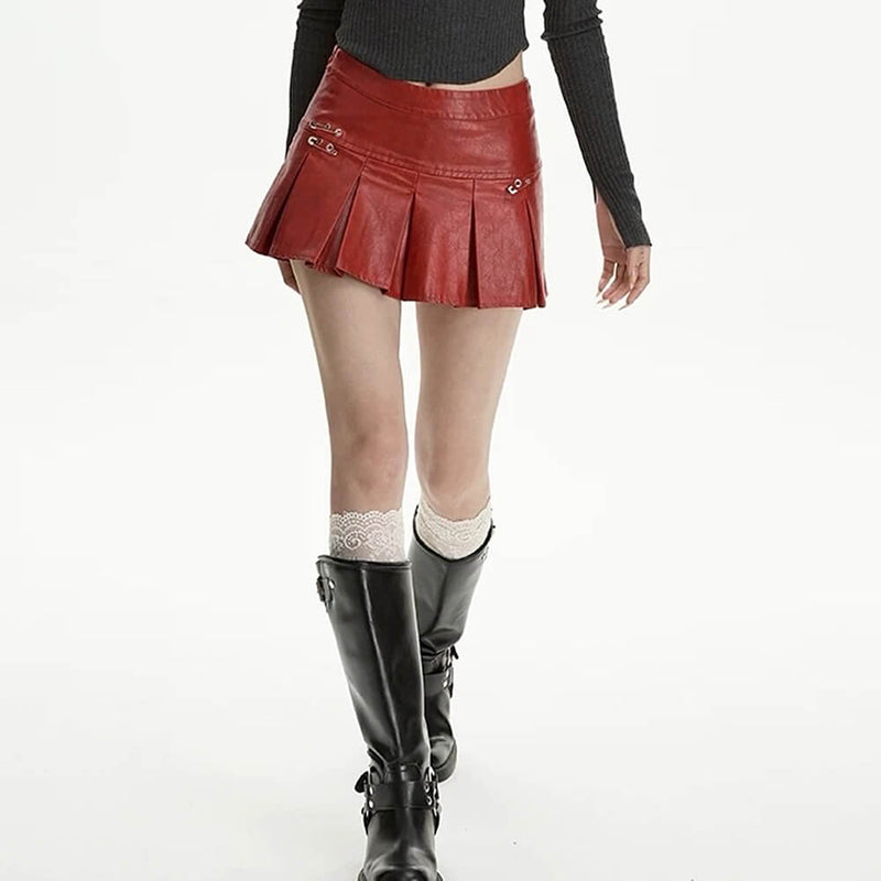 red leather mini skirt with safety pins boogzel clothing