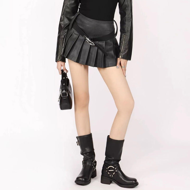 black leather pleated mini skirt boogzel clothing