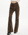 Aesthetic high-waisted flare jeans with an all-over leopard print. Made from denim with a slightly flared leg and classic five-pocket design - boogzel clothing