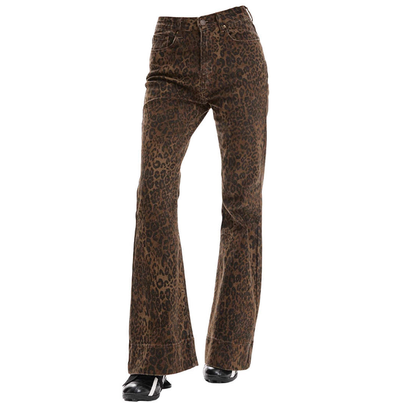 Aesthetic high-waisted flare jeans with an all-over leopard print. Made from denim with a slightly flared leg and classic five-pocket design - boogzel clothing