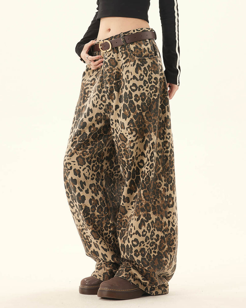 leopard print wide-leg jeans boogzel clothing