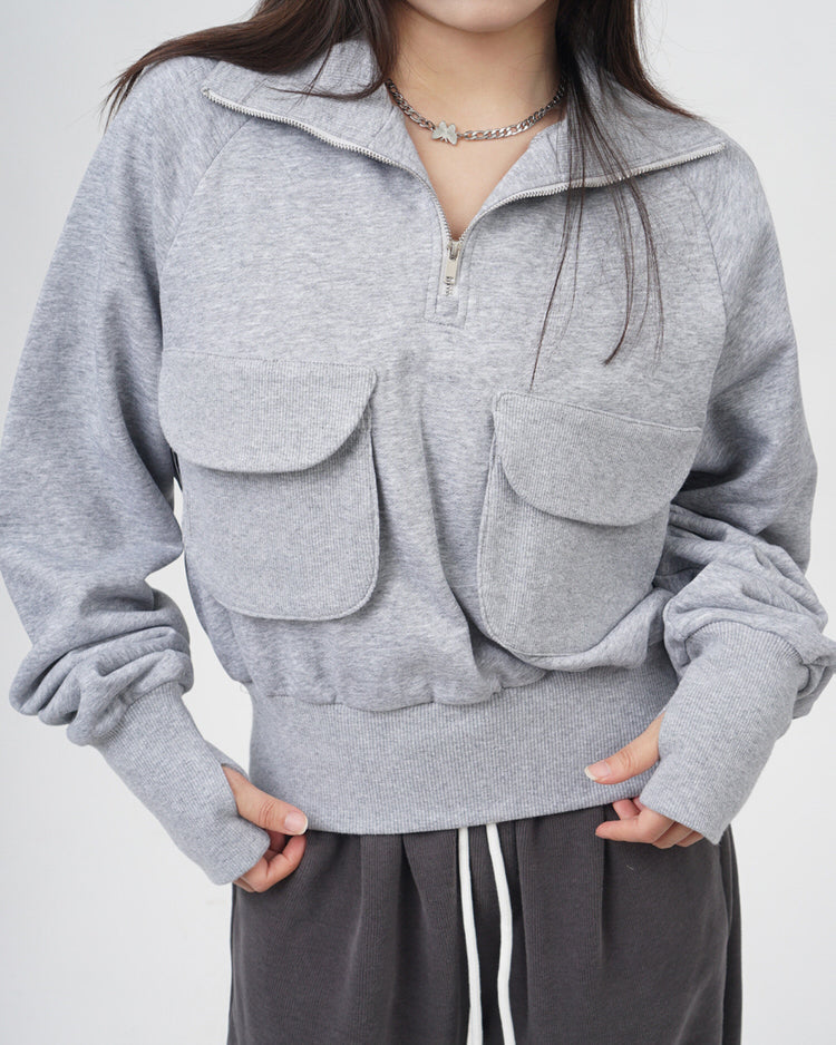 This grey zip-up sweatshirt features a cropped fit and big grey pockets in front. The very sweatshirt that Lisa from Blackpink wore in her special 27th Birthday vlog - Boogzel Clothing