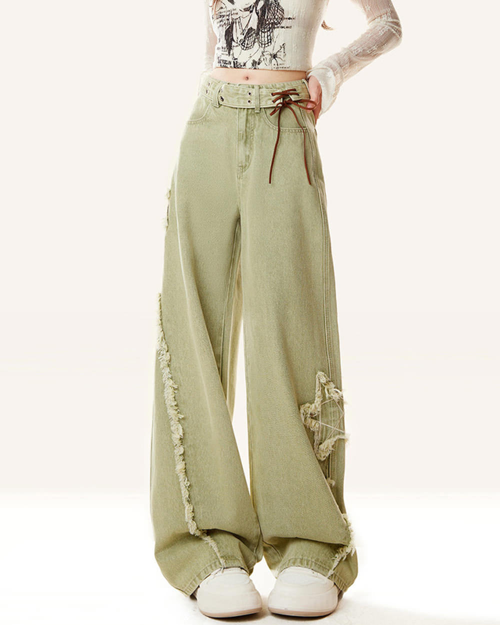 matcha green star wide leg jeans boogzel clothing