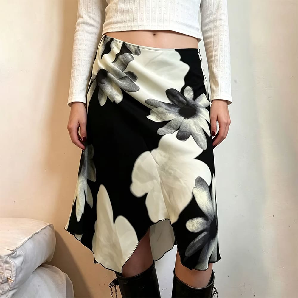 monochrome daisy asymmetric midi skirt boogzel clothing