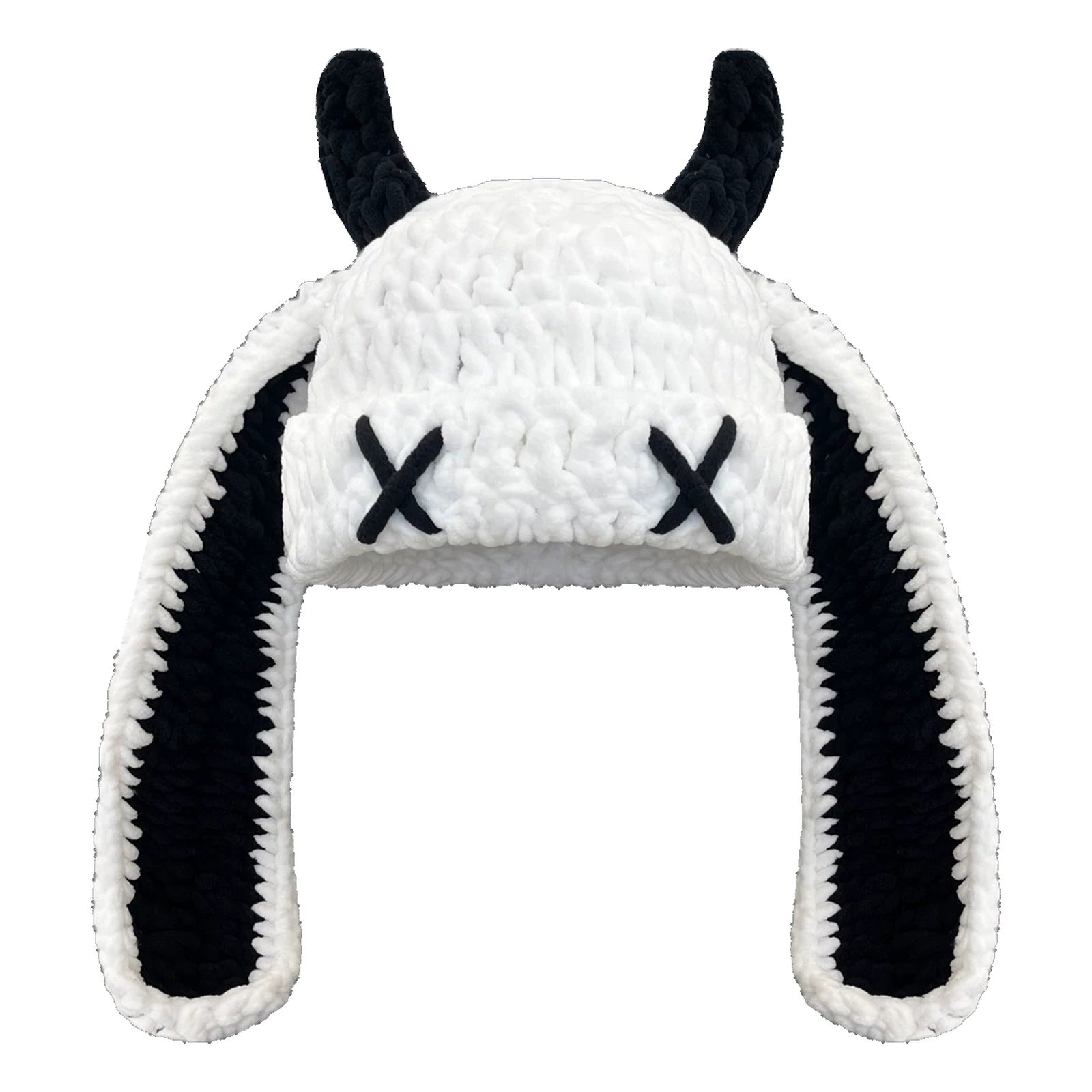 white_monster_ears_winter_hat_with_horns_x_eyes_and_long_earflaps