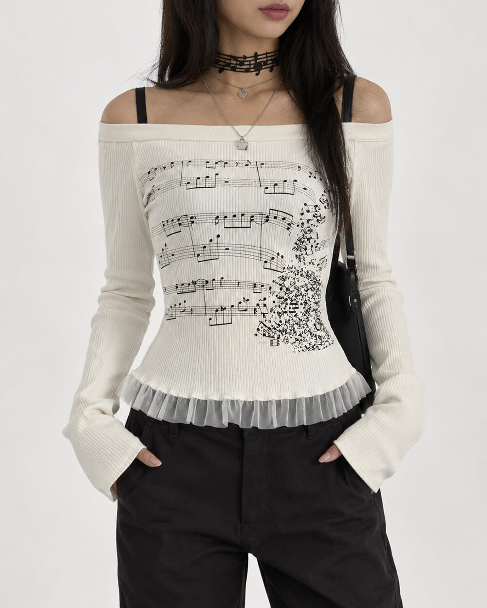 music note off shoulder long sleeve top boogzel clothing