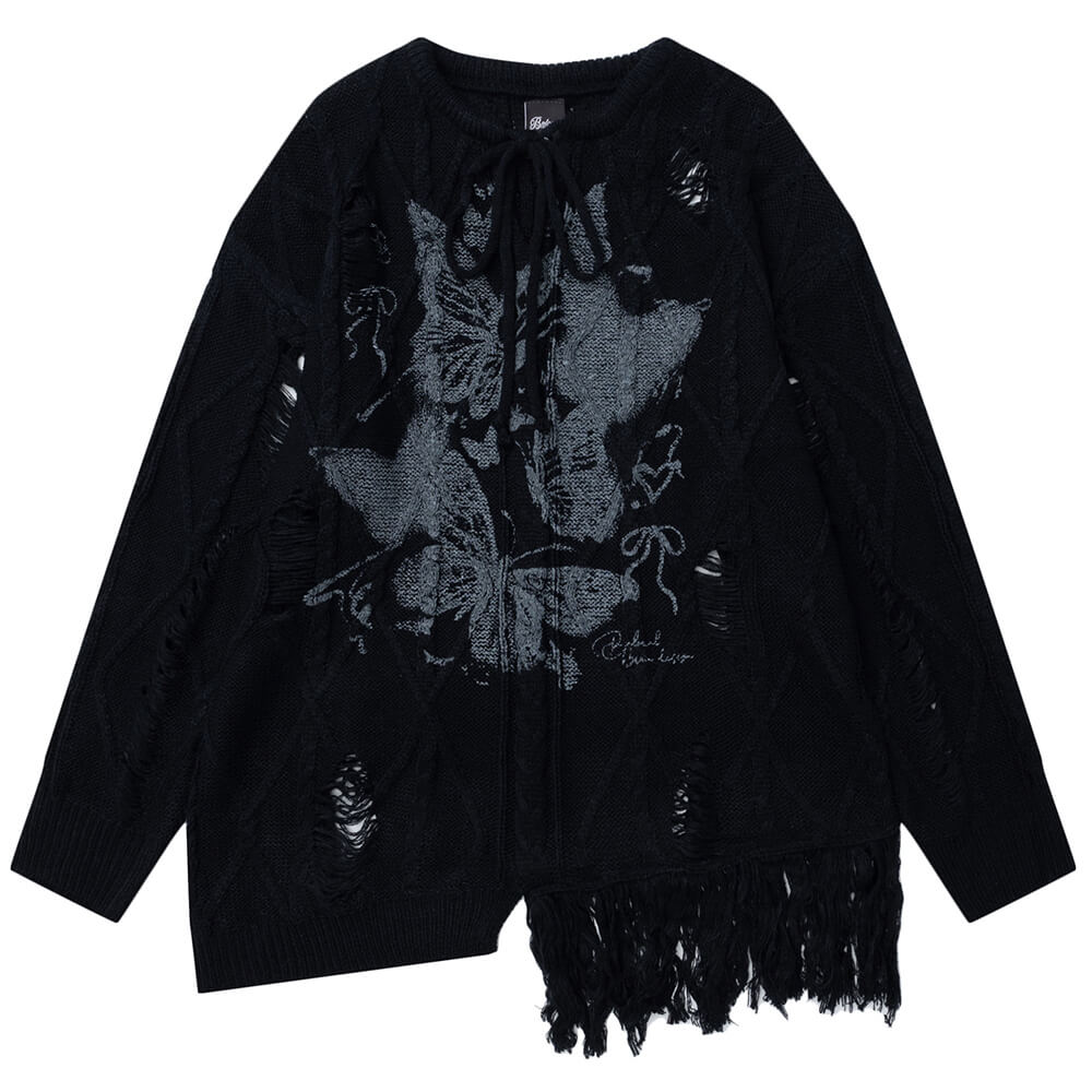 oversized ripped sweater with butterfly print boogzel clothing