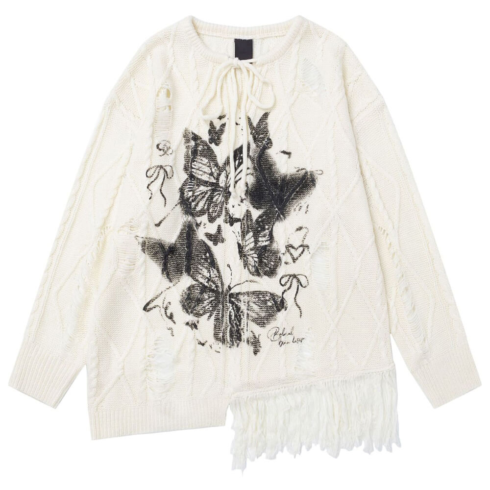 oversized ripped sweater with butterfly print boogzel clothing