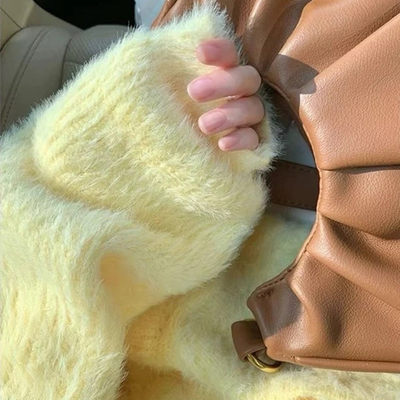pastel yellow fuzzy cardigan boogzel clothing