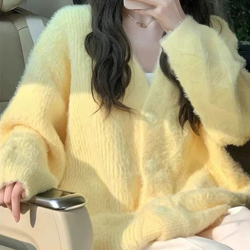 pastel yellow fuzzy cardigan boogzel clothing