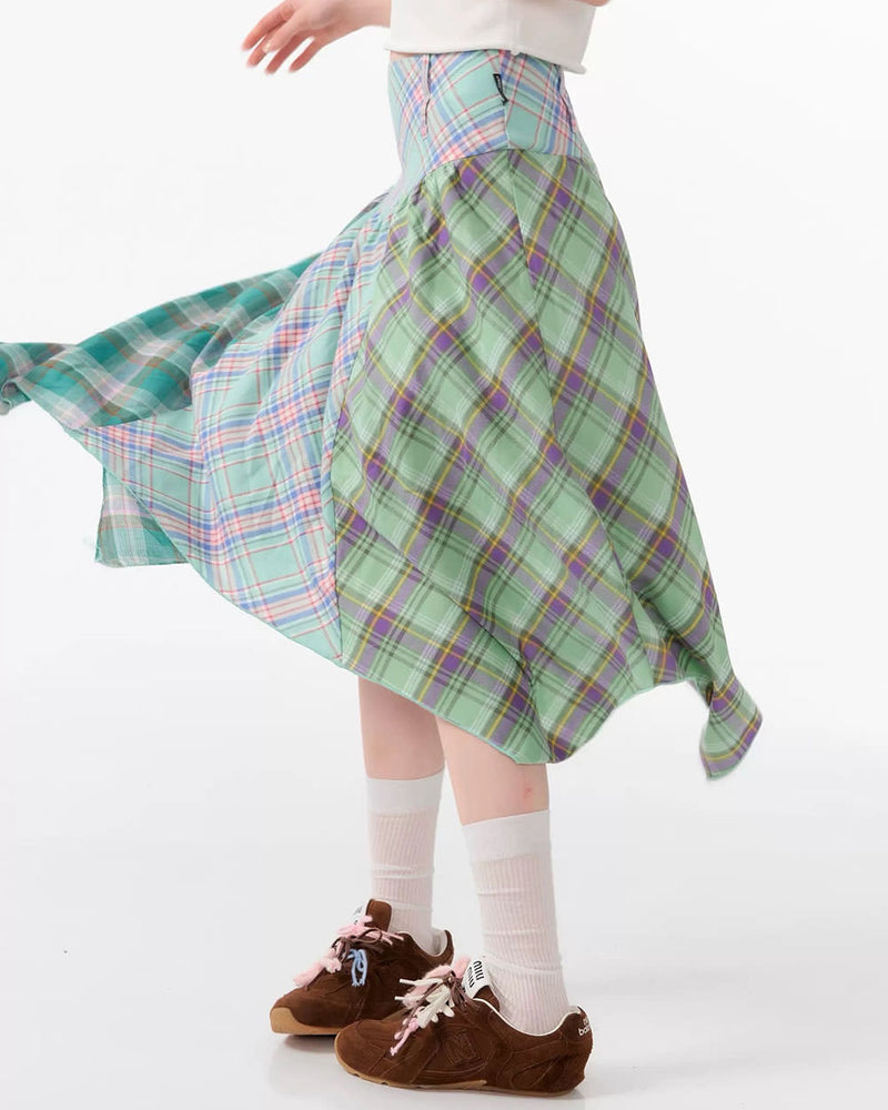 patchwork midi plaid skirt boogzel clothing