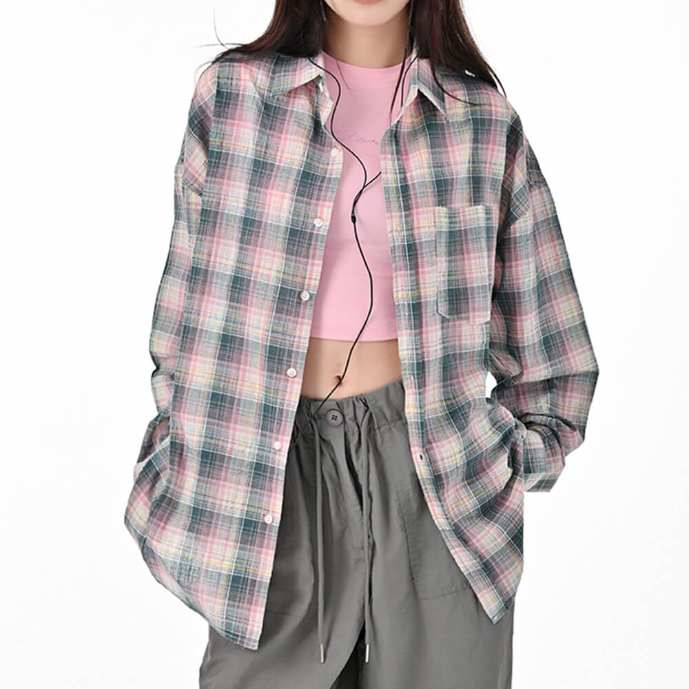 pink and green plaid button up shirt boogzel clothing