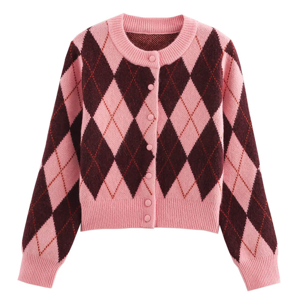 pink and red argyle pattern cardigan boogzel clothing