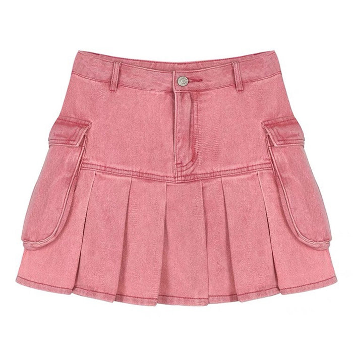 pink denim cargo mini skirt boogzel clothing