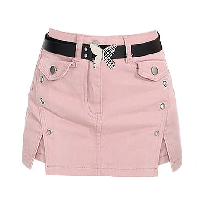 pink denim skort with butterfly belt boogzel clothing