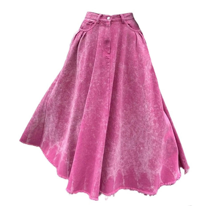 pink distressed denim maxi skirt boogzel clothing