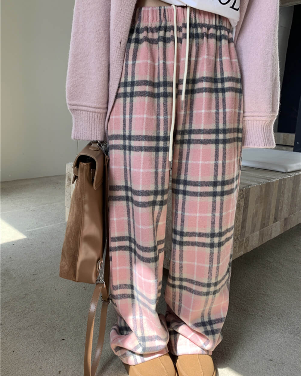 pink plaid wide leg pants boogzel clothing