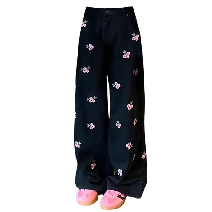 pink rose embroidery wide leg pants boogzel clothing