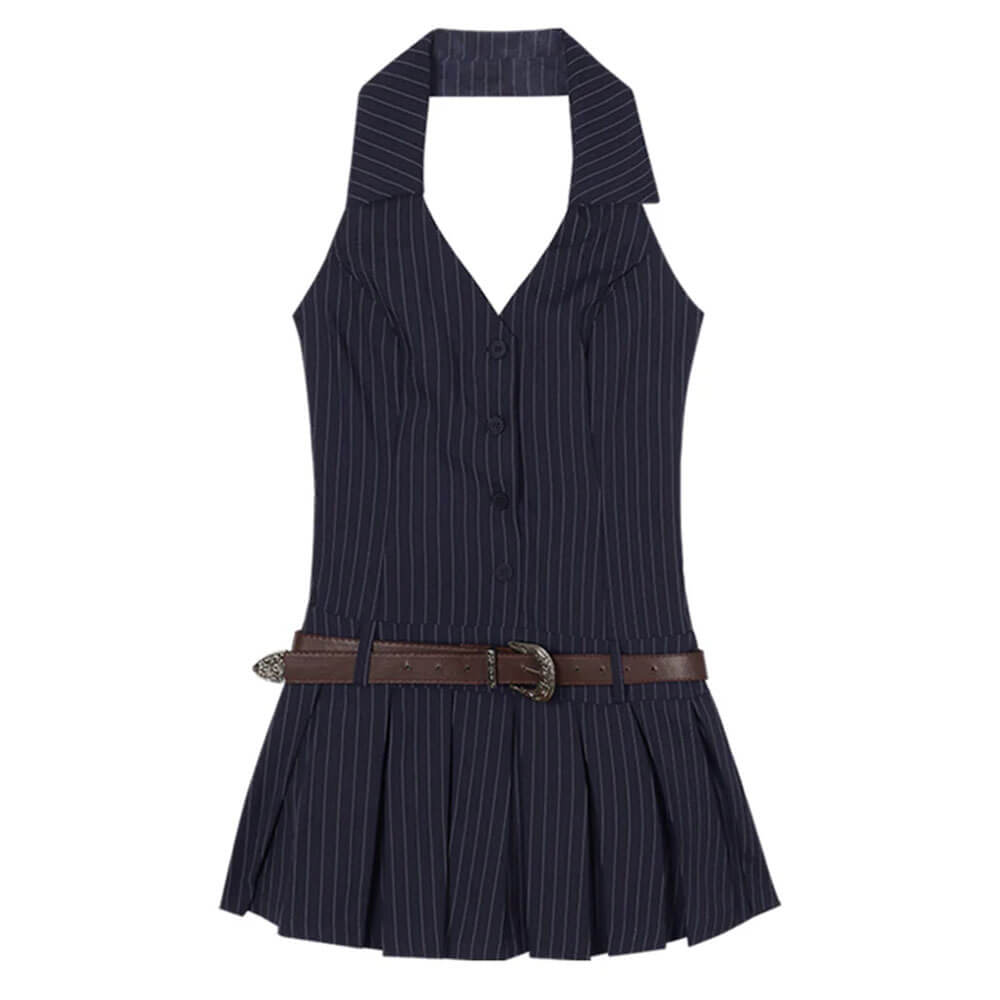 pinstripe halter pleated mini dress boogzel clothing