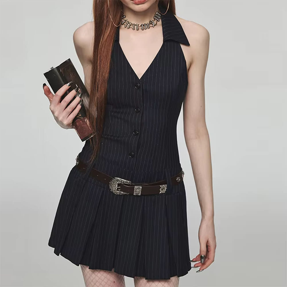 pinstripe halter pleated mini dress boogzel clothing