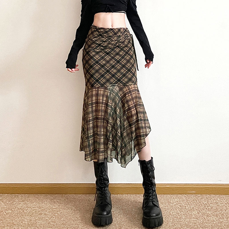 plaid asymmetrical mesh skirt boogzel clothing