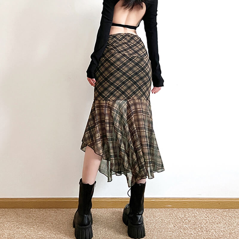 plaid asymmetrical mesh skirt boogzel clothing