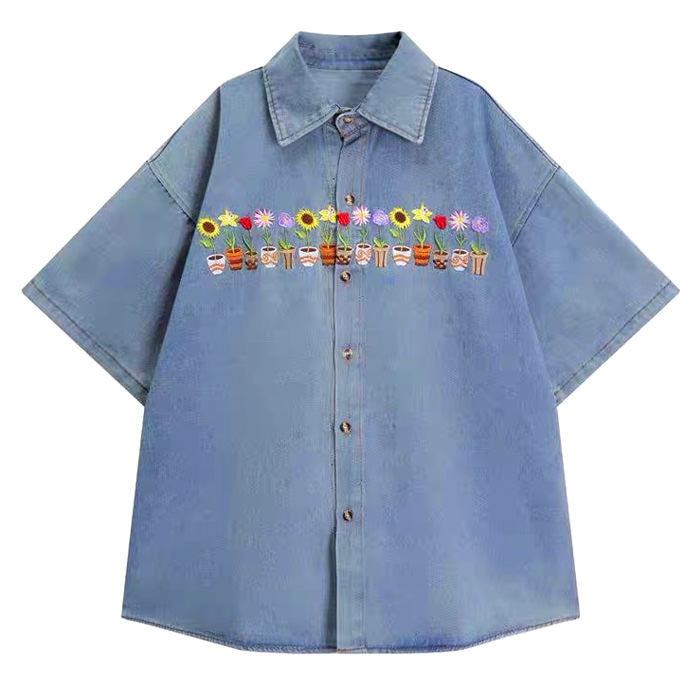 plants embroidery denim shirt boogzel clothing