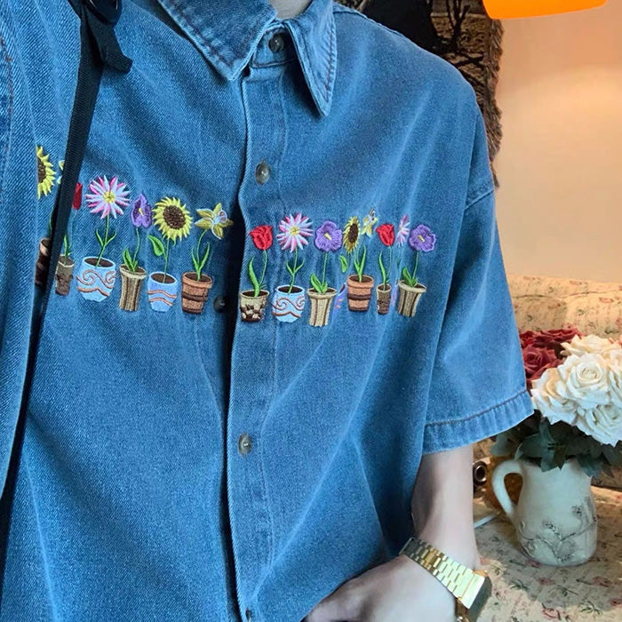 plants embroidery denim shirt boogzel clothing