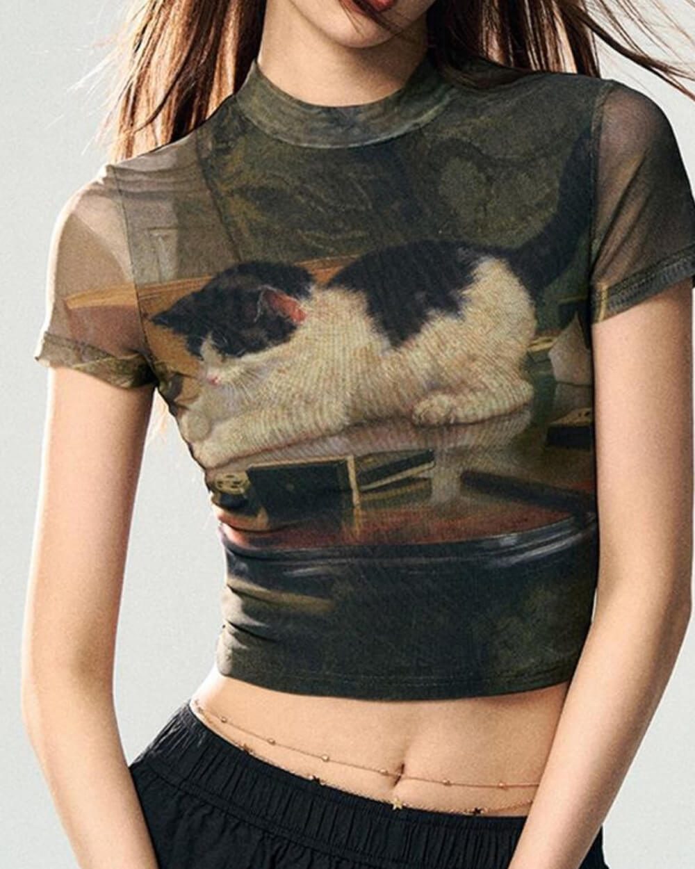 playful kitten print y2k top boogzel clothing