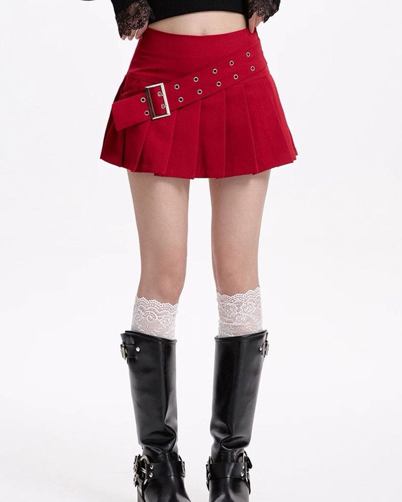 red pleated skirt with buckle belt boogzel clothing