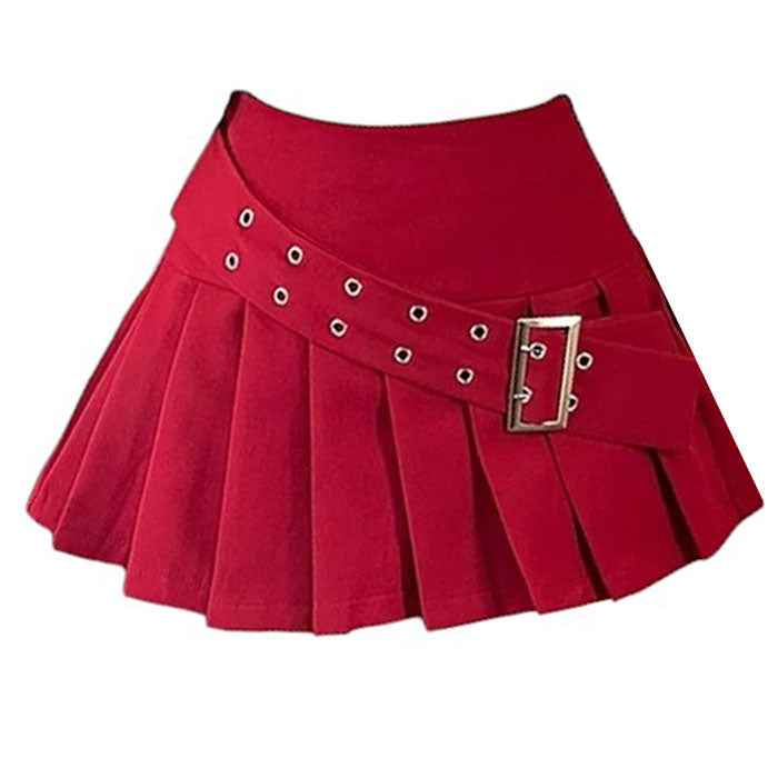 red pleated skirt with buckle belt 