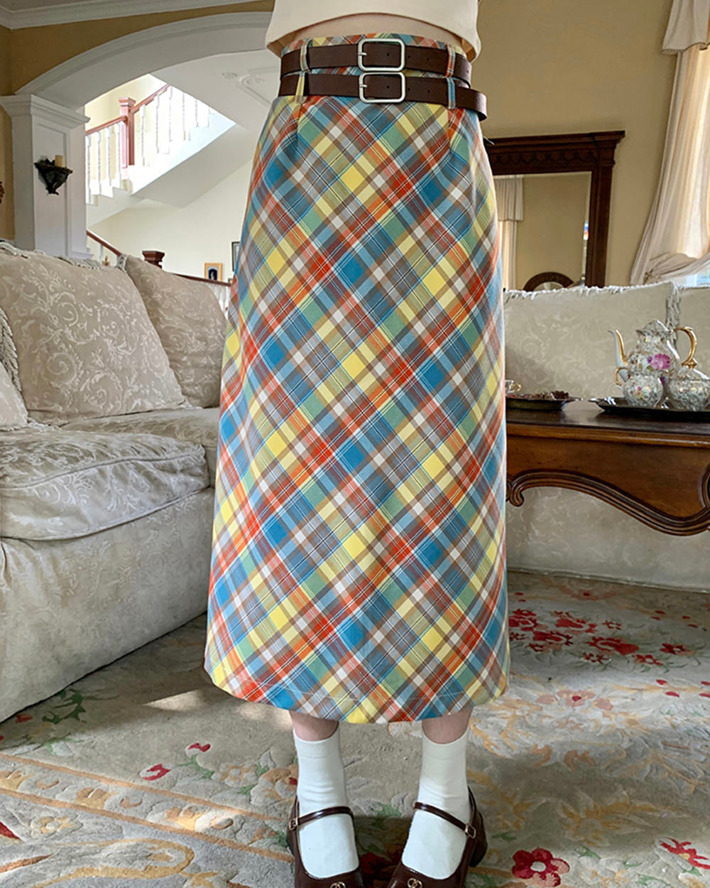 preppy colorful plaid maxi skir boogzel clothing