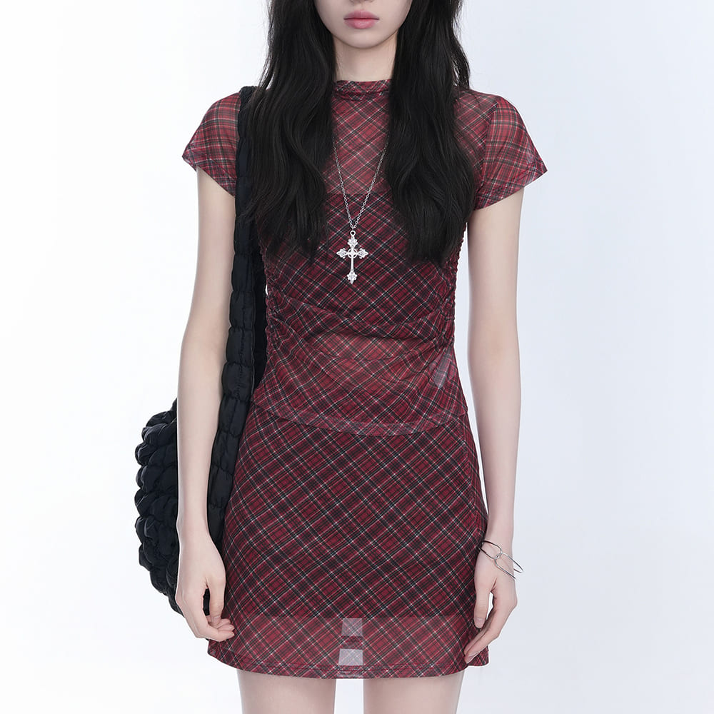 preppy plaid mesh top and mini skirt set boogzel clothing