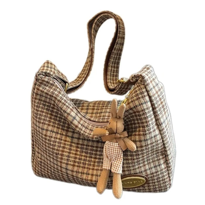 brown plaid pattern shoulder bag boogzel clothing