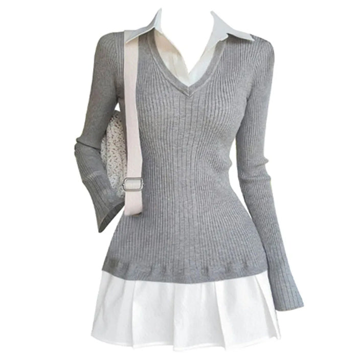 pleated knit dress Preppy Style Pleated Knit Dress, Free Size / Grey