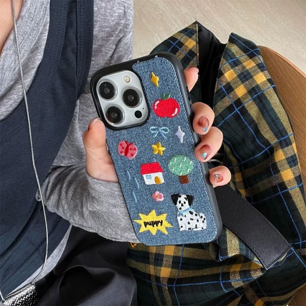 puppy embroidered denim iphone case boogzel clothing