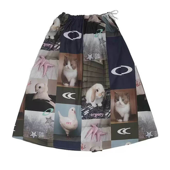 rabbit and cat print aesthetic midi skirt boogzel clothing