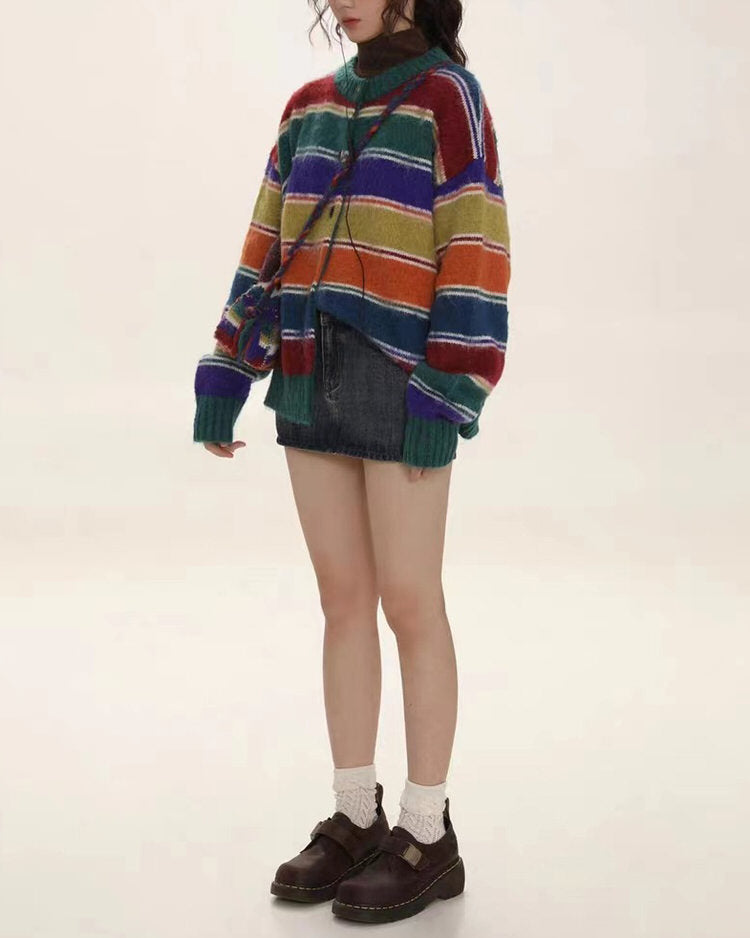 rainbow striped  cardigan aesthetic clothing boogzel clothing