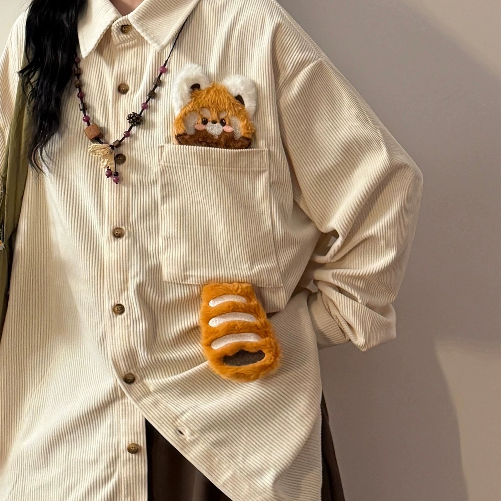red_panda_pocket_corduroy_shirt_beige_front_view_3d_red_panda_peeking_from_chest_pocket