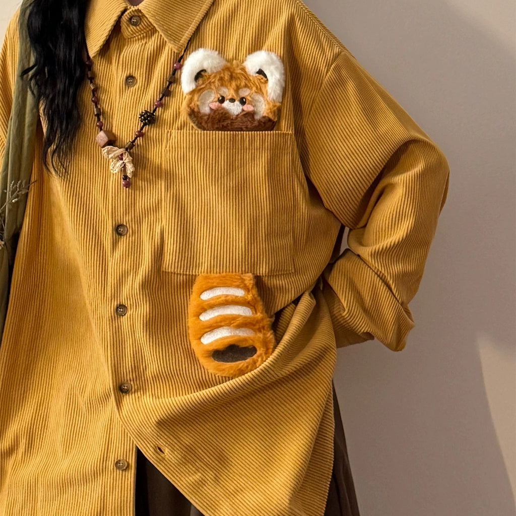red_panda_pocket_corduroy_shirt_beige_front_view_3d_red_panda_peeking_from_chest_pocket